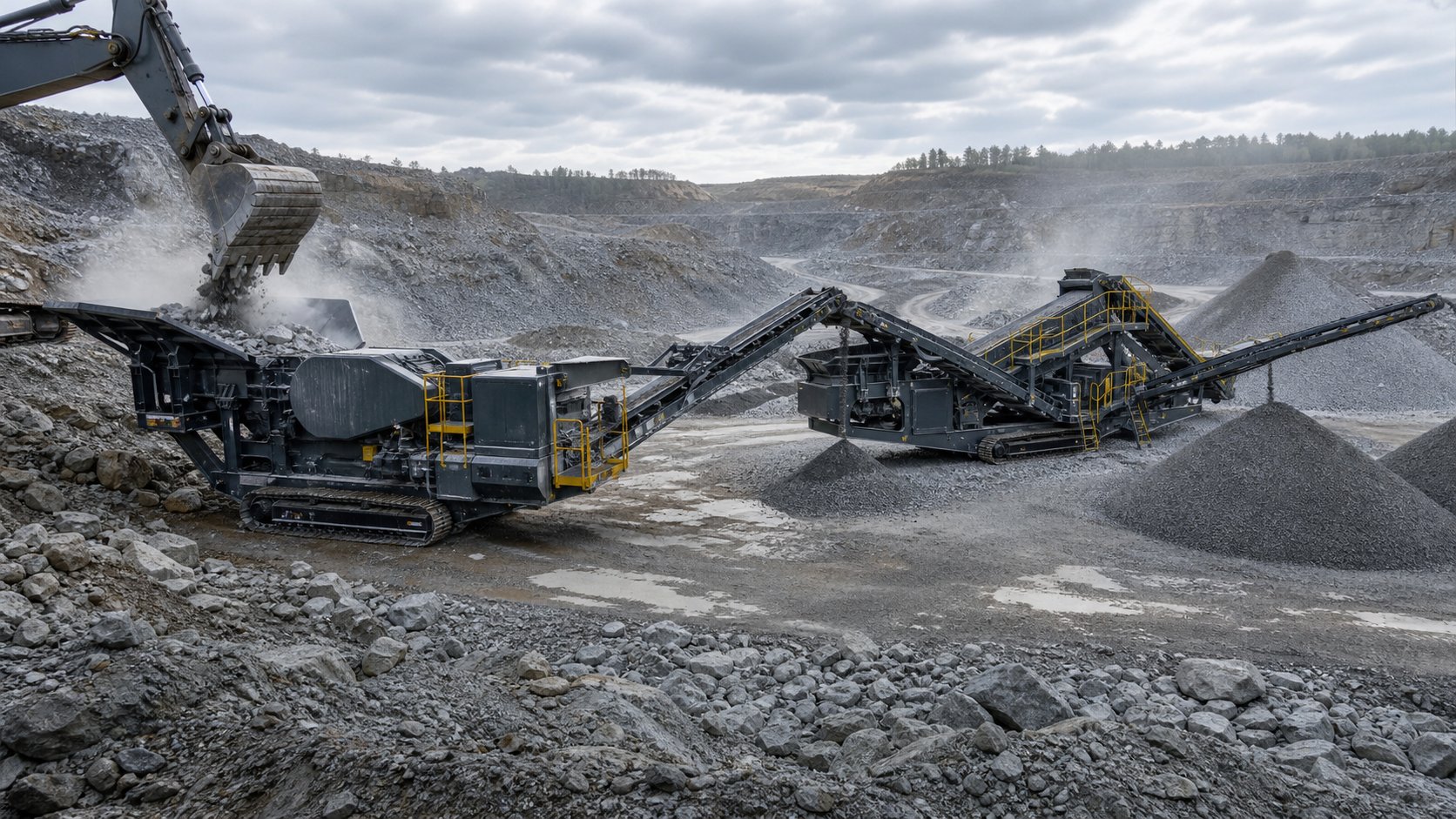 Tracked mobile crusher and screen in a quarry